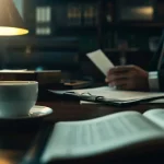 a lamp and cup on a table with some papers on the table