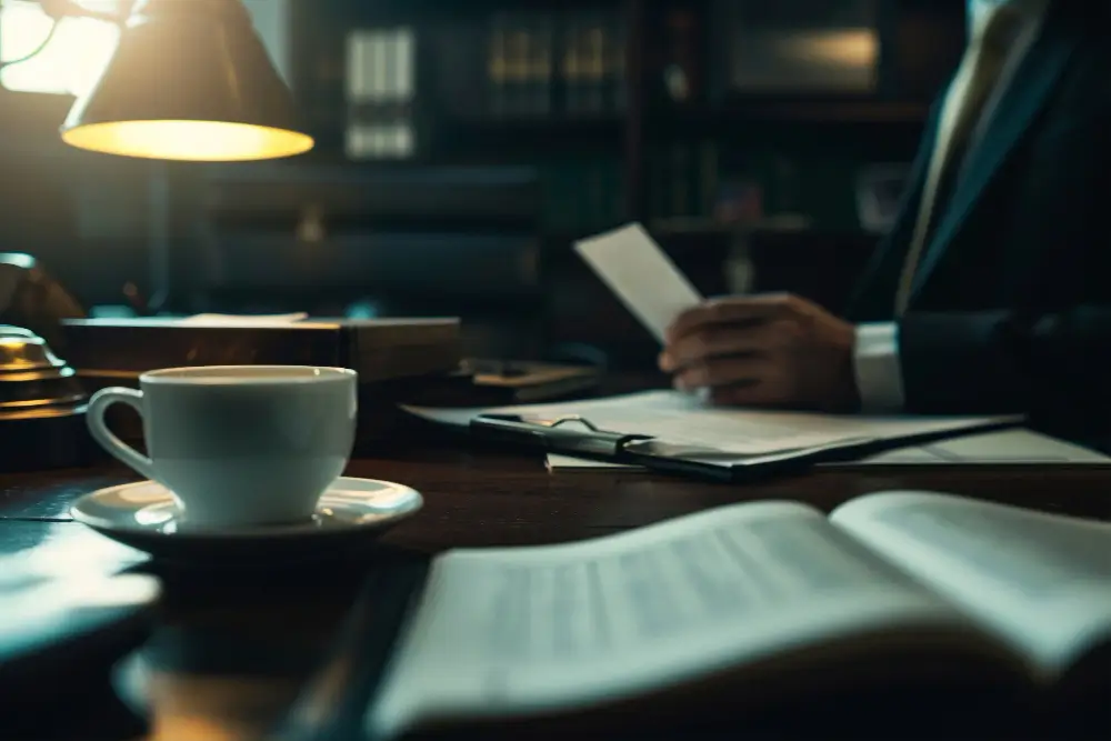 a lamp and cup on a table with some papers on the table